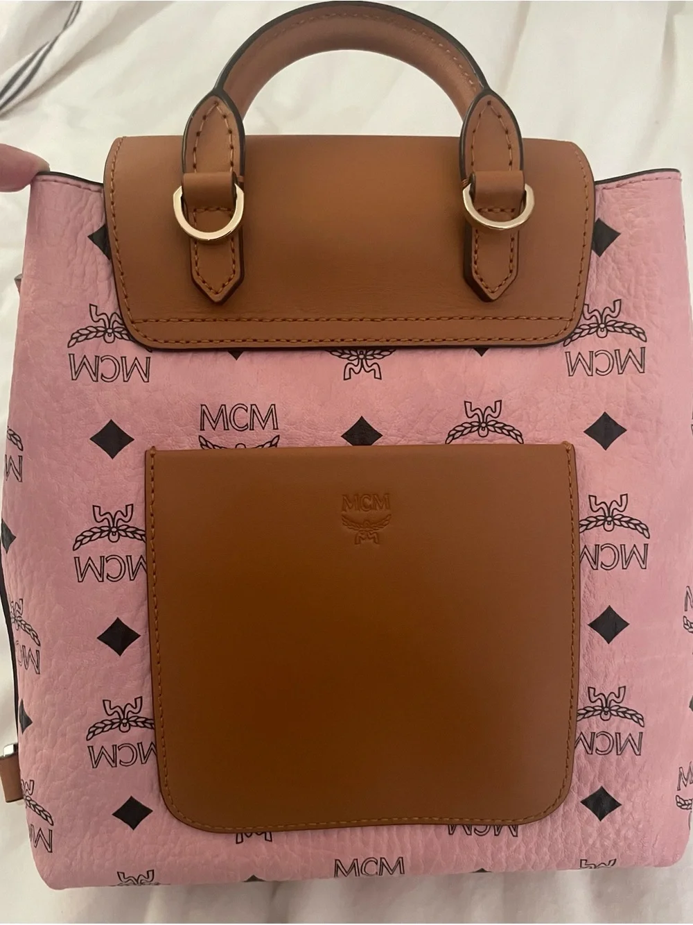 MCM MFO Colorblock Pink Coated Canvas with Tan Leather Backpack